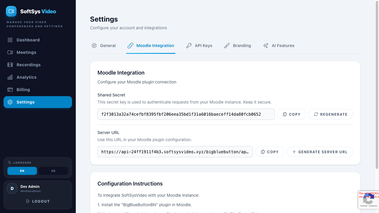 Settings page in the SoftSysVideo dashboard