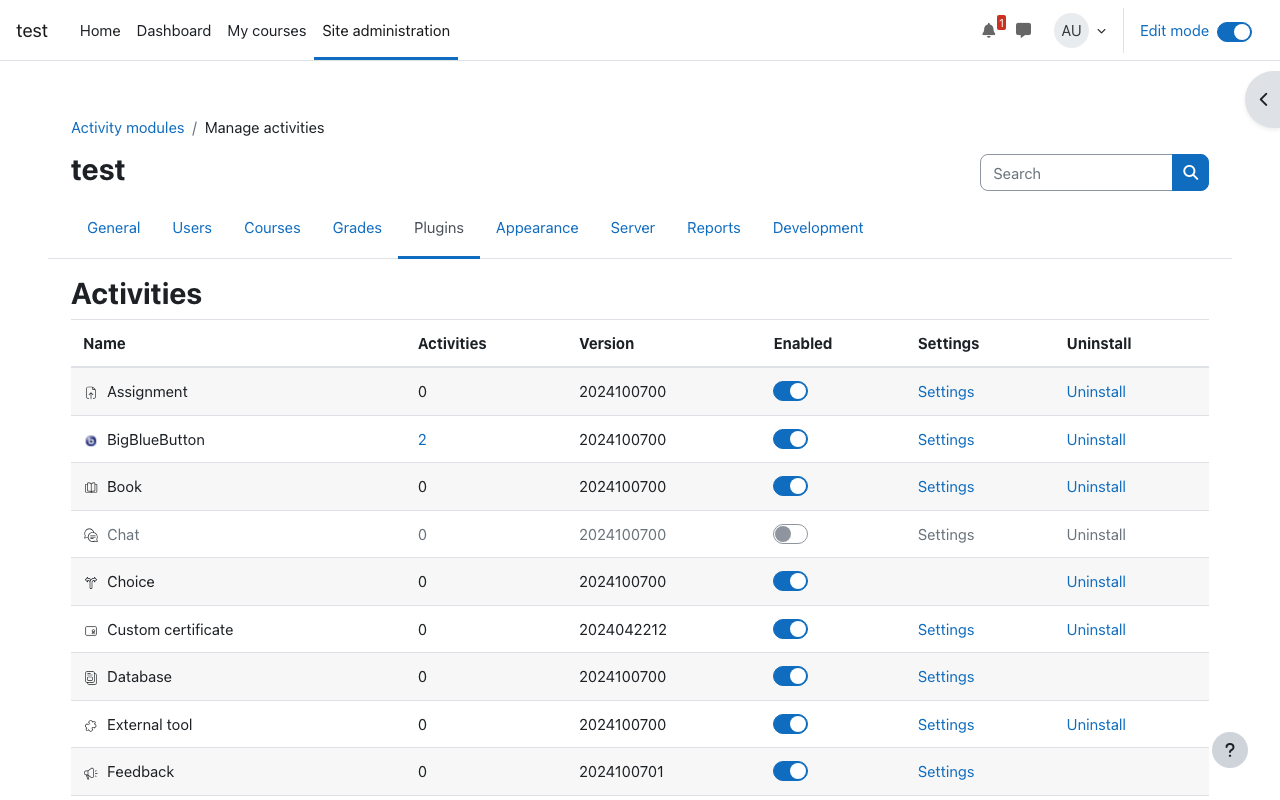 Moodle site administration page