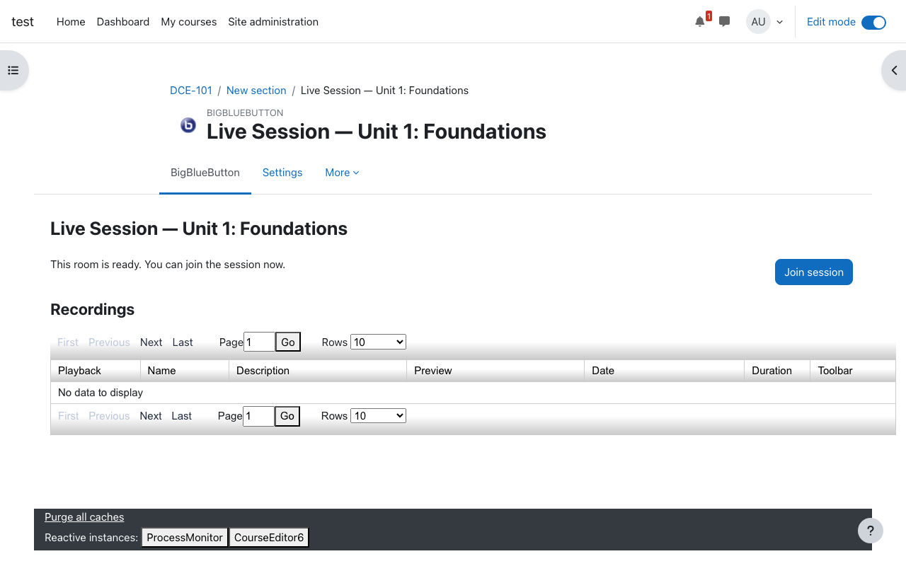 Moodle course with BigBlueButton activity