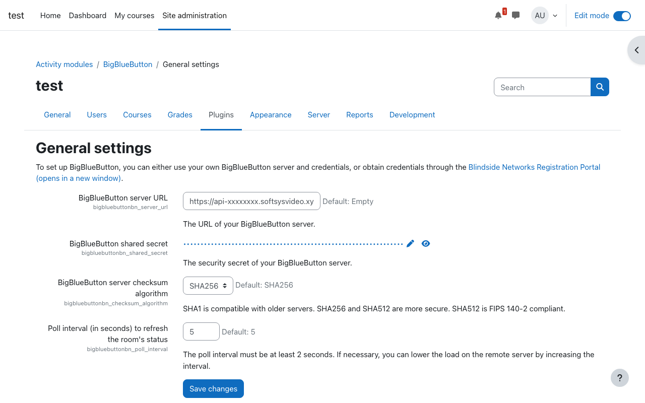 Moodle BigBlueButton plugin settings page
