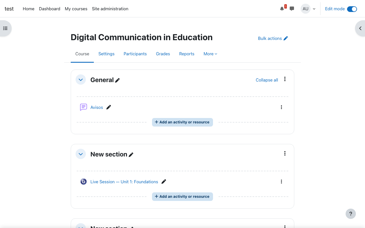 Moodle course page showing activities and editing mode