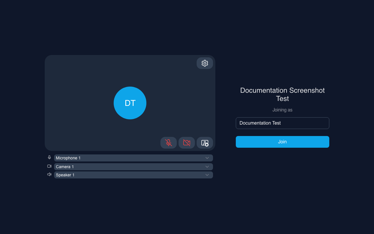 Meeting room prejoin screen — camera and microphone setup