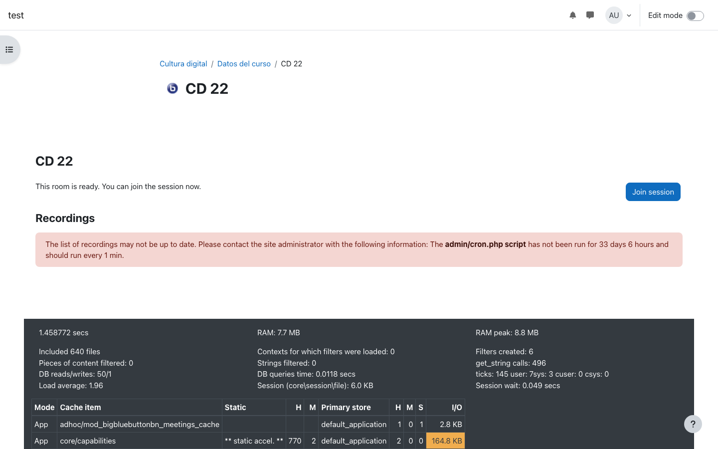 Moodle course with BigBlueButton activity